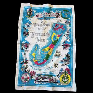 Vintage 50s Tea Towel Memories Of the Bermuda Isles Map Irish Pure Linen Dunmoy
